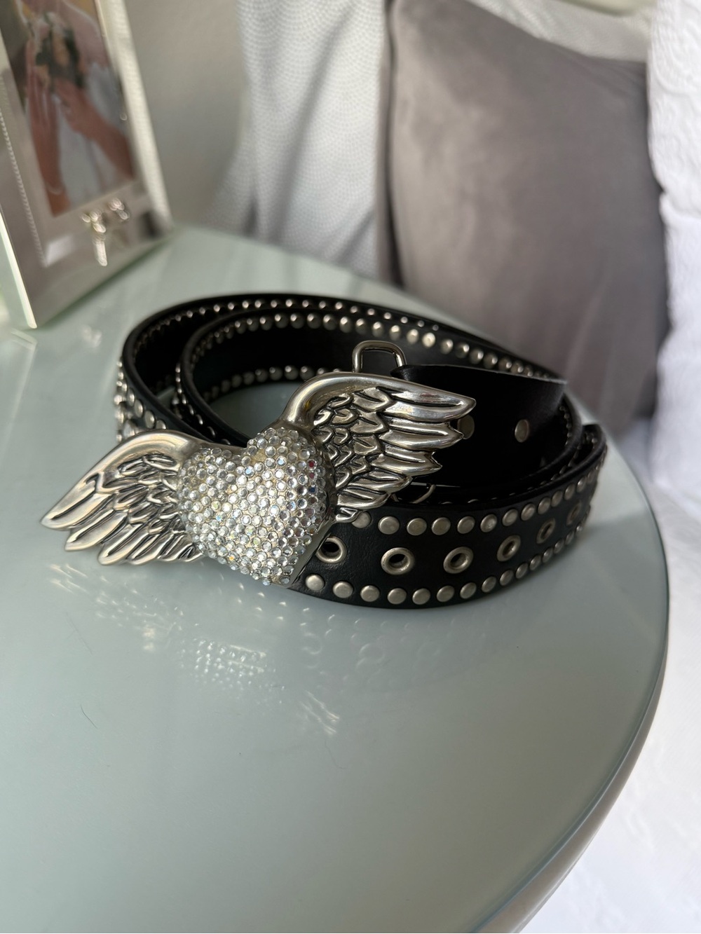 B.B. Simon Black Leather Winged Heart Rhinestone Belt 43in